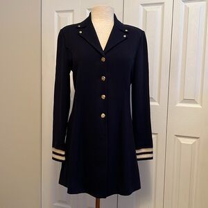 Vintage St. John Collection Navy Blue Long Knit Jacket with Gold Buttons Size 6